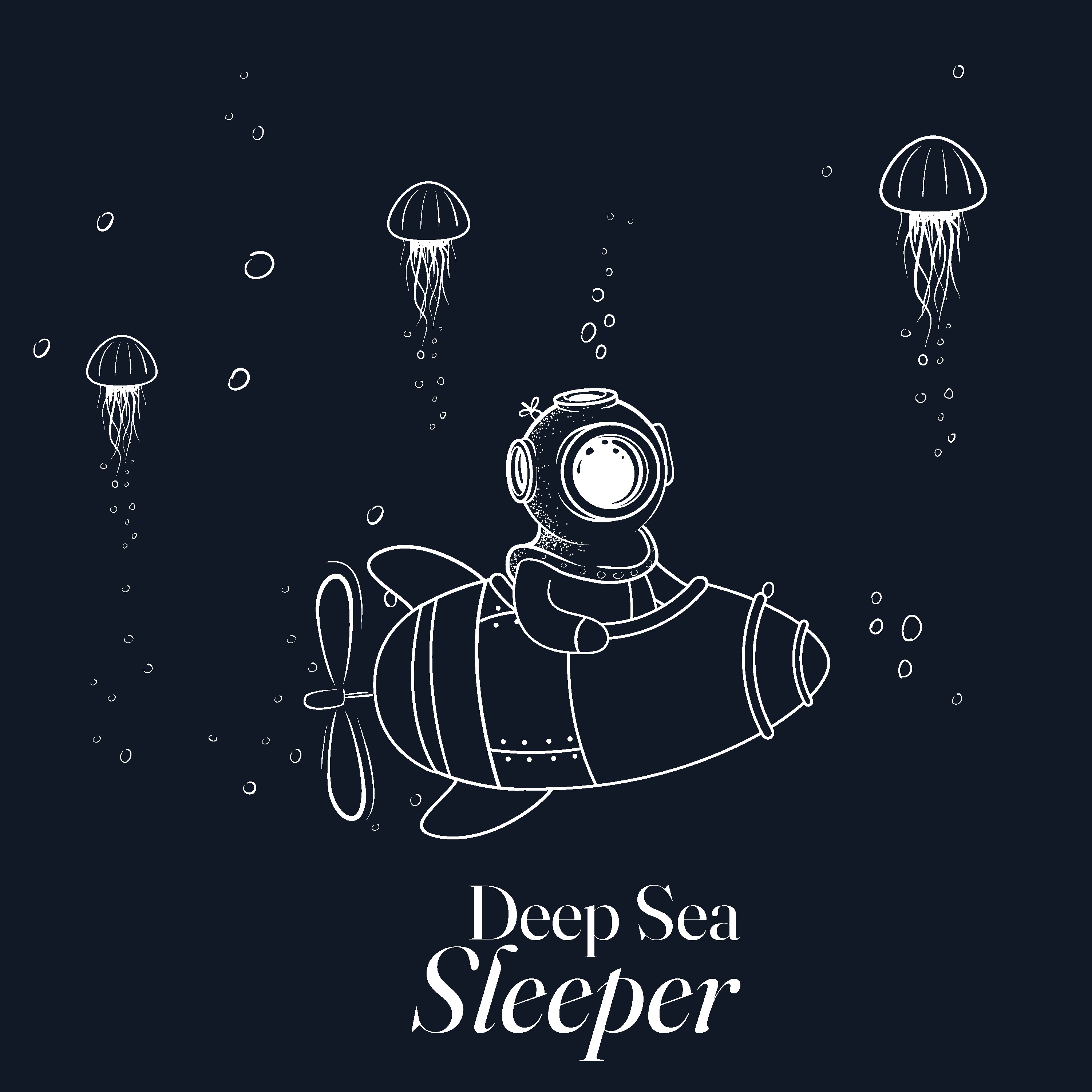 Subaquatic Leisure Tour tee — submarine line art on deep navy